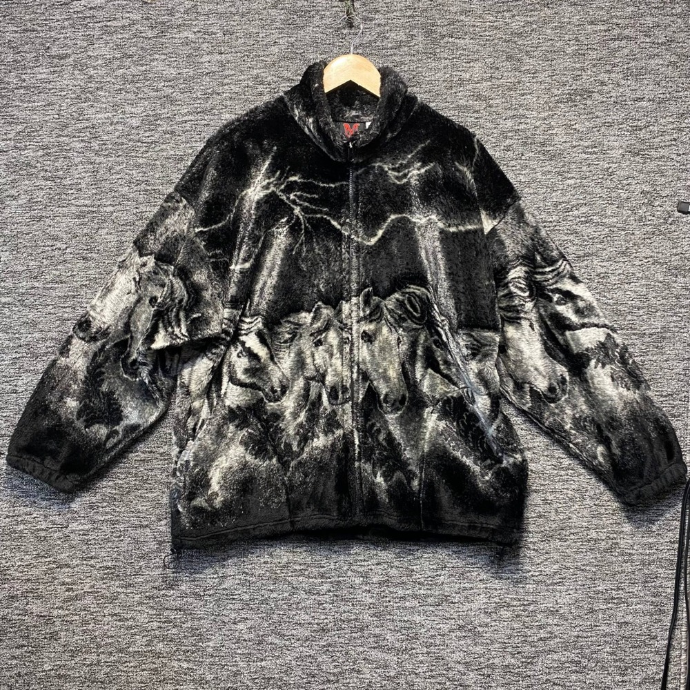 Vintage Mazmania Horses Fleece Jacket Large AOP Full Zip Made in USA Black Gray